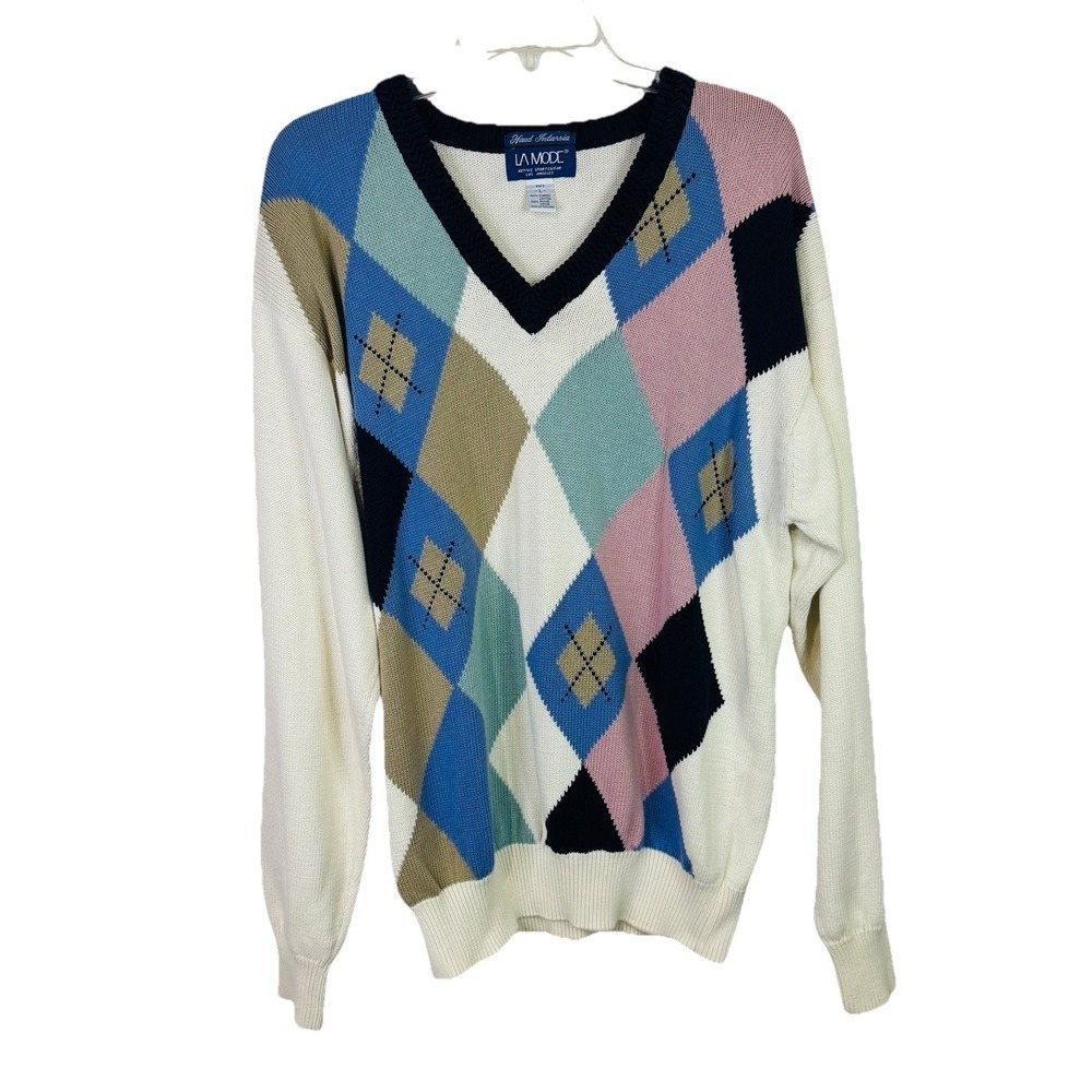 Vtg La‎ Mode Sweater Men L Argyle Cream Blue Pink  100% Cotton V Neck